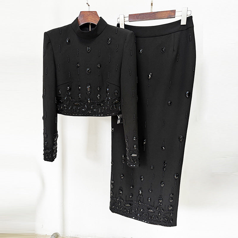 Heavy Industry Beads Diamond Inlaid Short Top Skirt Set Two Piece Set