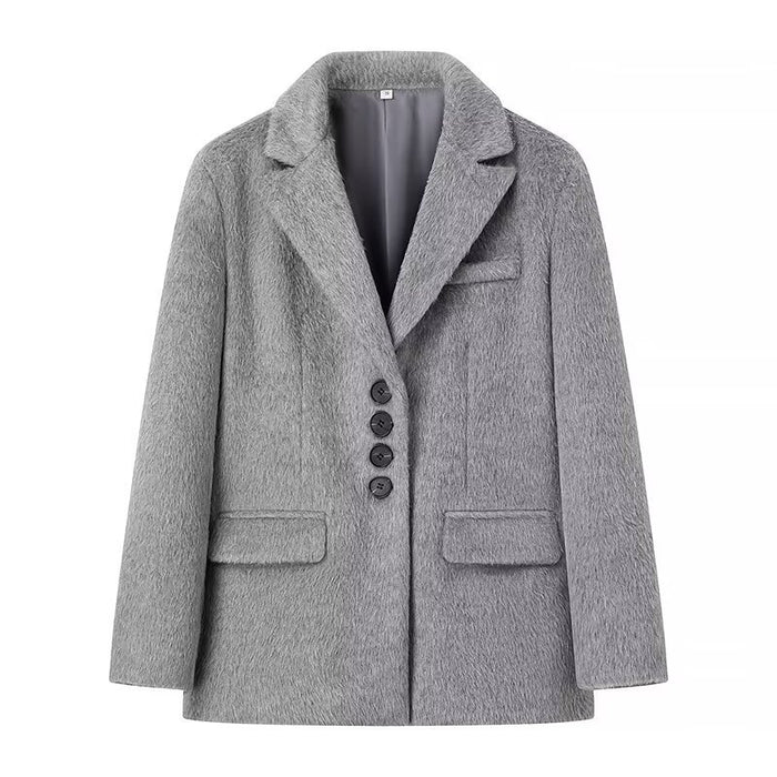 Winter Women Clothing Fashionable All Match Loose Button Decoration Long Wool Blazer