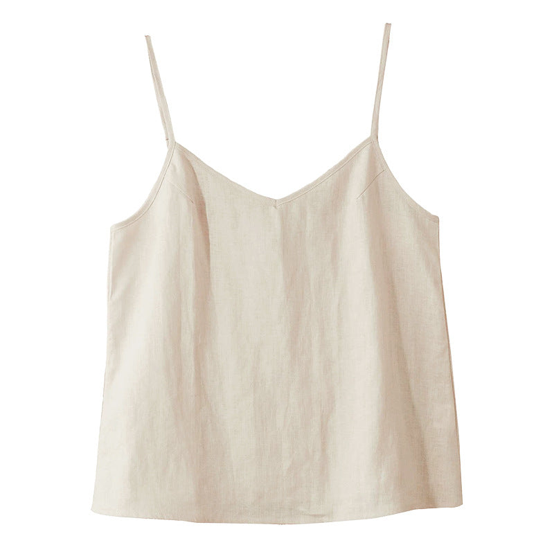 Linen V neck Sling Vest Summer Cotton Linen Cool Casual Simple Backless Sleeveless Inner Match Top for Women