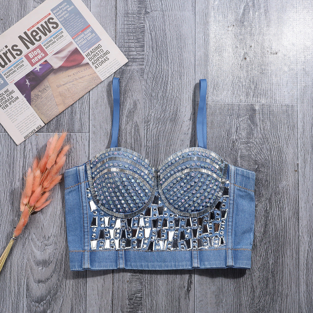 Beaded Shaping Camisole Online Influencer Outer Wear Underwear Stage Costume Rhinestone Denim Bra