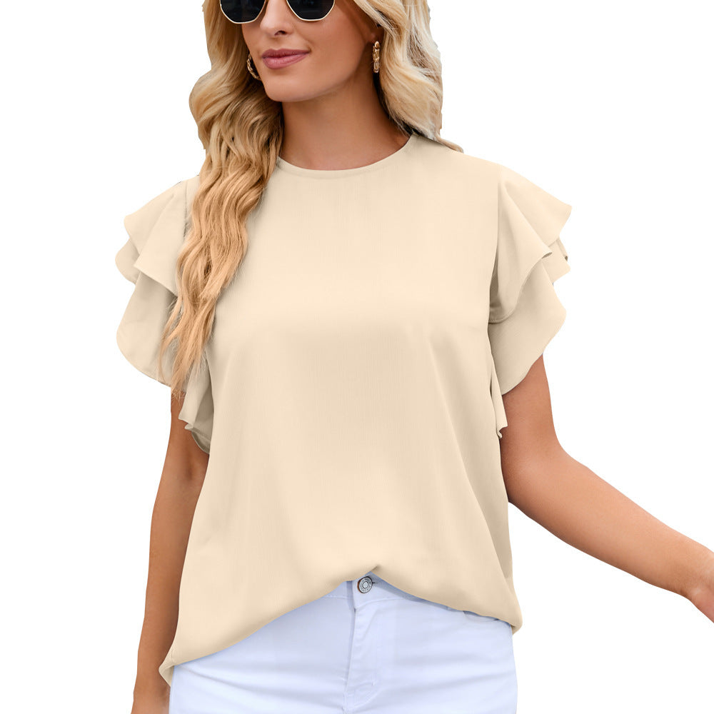 Summer Women Clothing round Neck Ruffle Sleeve Chiffon Shirt Top