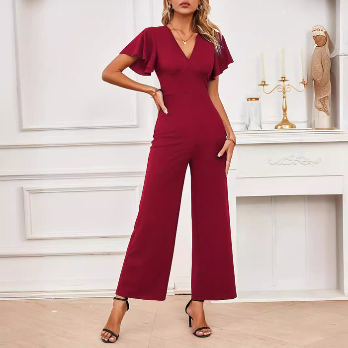 Ruffled Flying Sleeves Sleeveless Straight Leg Pants Women Stretch Knitted Wide Leg Jumpsuit Women High Grade Women Clothing