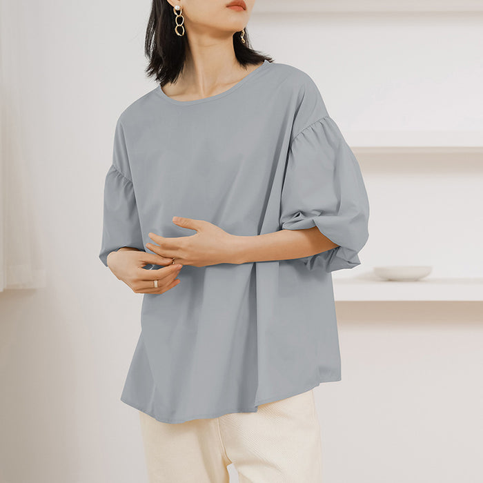 Summer Loose Large Women Shirt Cotton Oversized Lantern Sleeve Round Neck Top