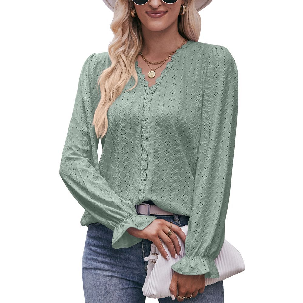 Autumn Women Clothing Solid Color T shirt Hole Lace V neck Long Sleeve Top