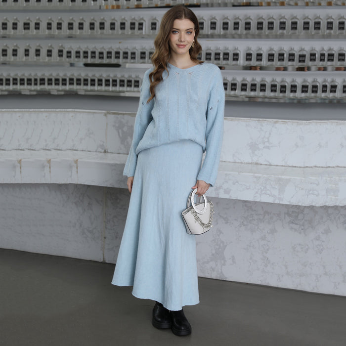 Women Clothing Solid Color Round Neck Hollow Out Cutout Out Basic Sweaters Long Mid Length Skirt Set Casual Two Piece Suit