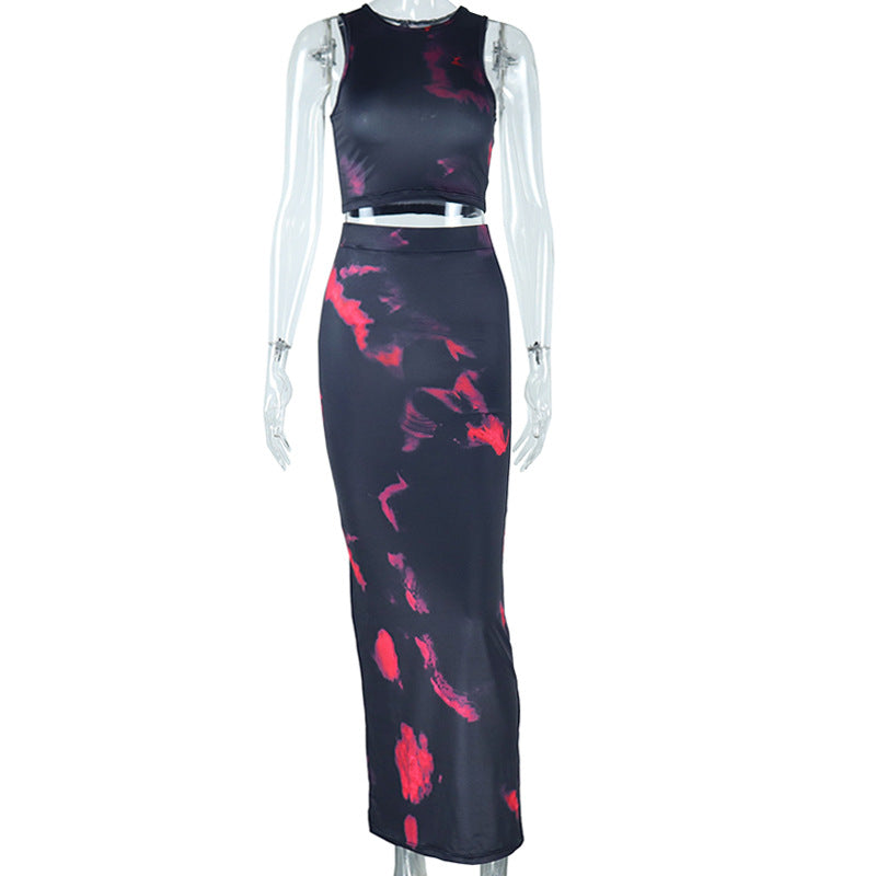 Women Clothing Casual Suit Printed Sleeveless Top Skirt Two Piece Suit Trendy Suits