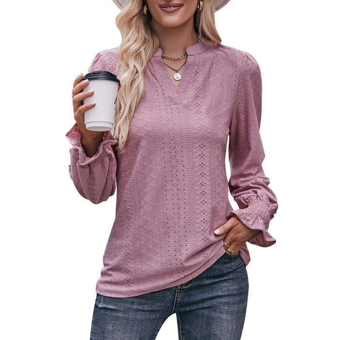 Autumn Women Clothing Solid Color T shirt Hole V neck Long Sleeve Umbrella Sleeve Top