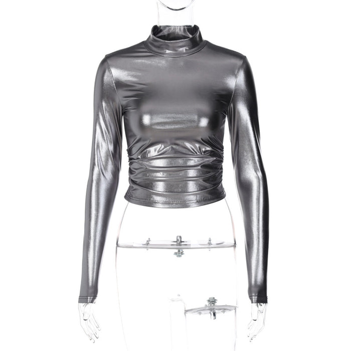 Women Clothing Spring Metallic Street Hipster Half High Collar Long Sleeves Tight T shirt Top