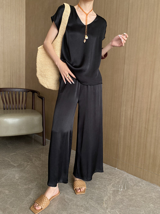 Loose Draping Satin Rayon V Neck Sleeveless Jacket Short Sleeved Wide Leg Pants Two Piece Set