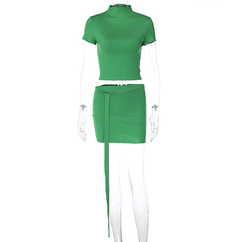 Women Clothing Spring Solid Color Cropped Top Slim Fit Short Skirt Set