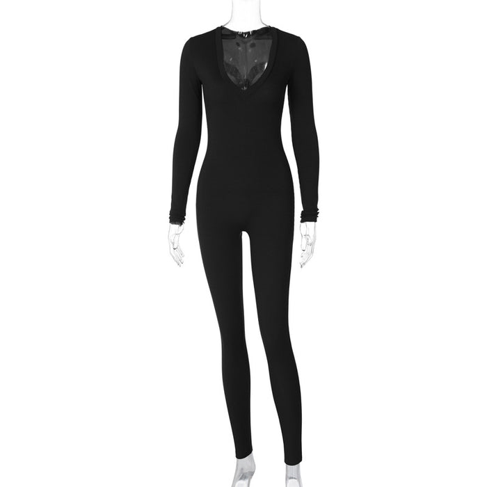 Women Clothing Spring Solid Color Slim Sports Long Sleeve Jumpsuit