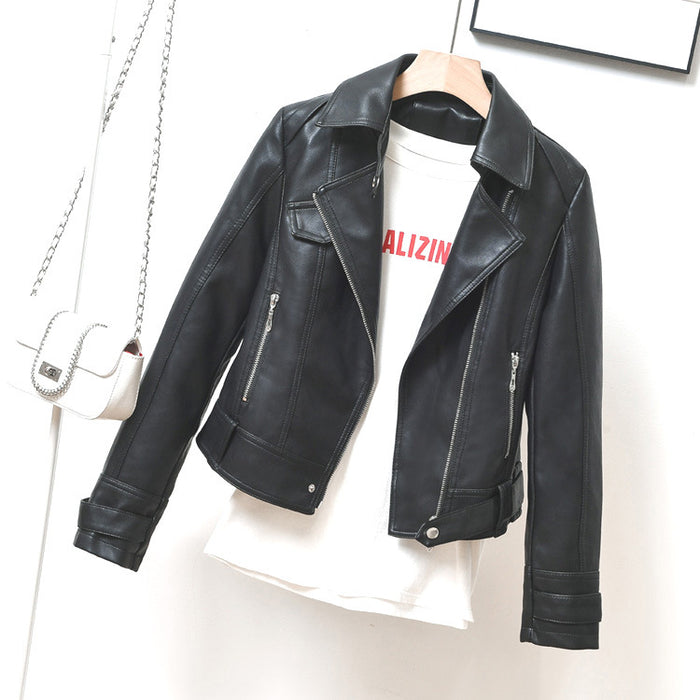 Autumn Handsome Motorcycle Short Faux Leather Small Leather Coat Women Slim Fit Slimming Top Collared Leather Jacket