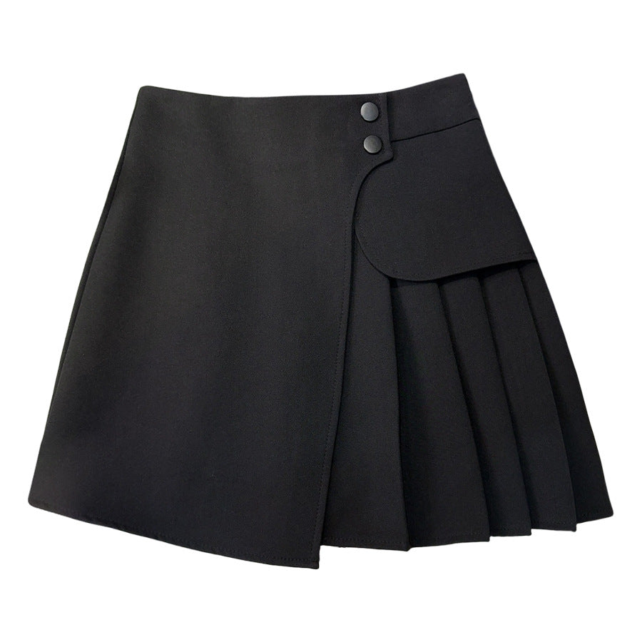 Retro Solid Color Pleated Irregular Asymmetric Skirt Summer Korean Anti Exposure High Waist Slimming Patchwork A line Skirt