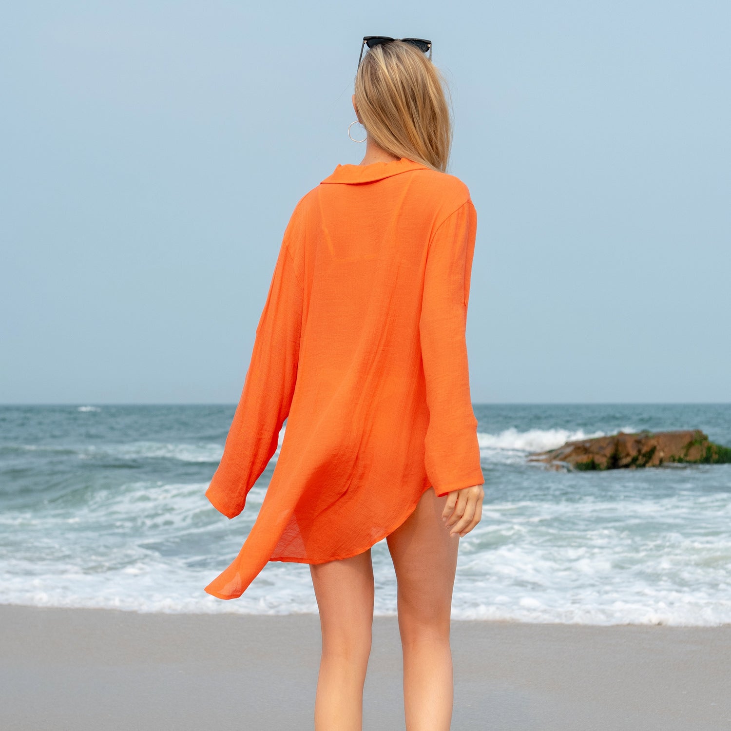 Seaside Sun Protection Clothing Beach Cover Up Quick Drying Women Beach Solid Color V neck Shirt