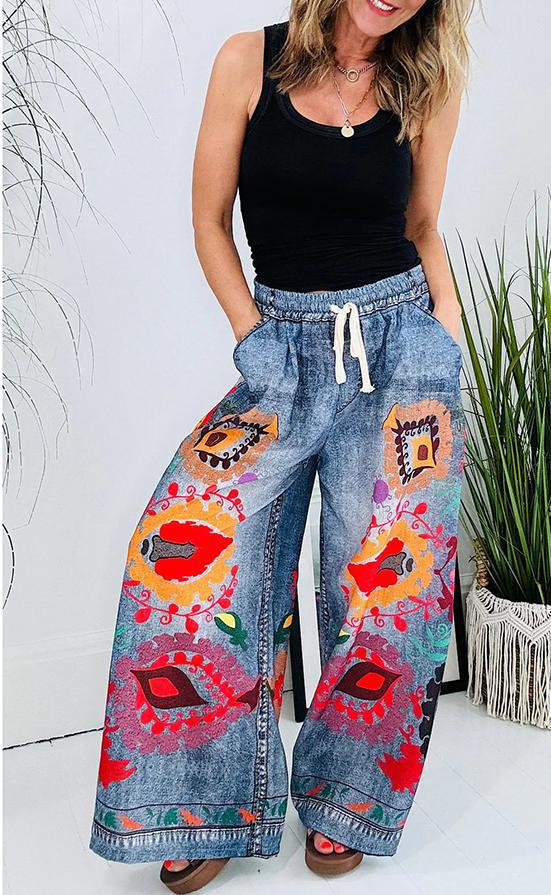 Spring Summer Lace Up Imitation Denim Printed Pocket Loose Casual Pants Women