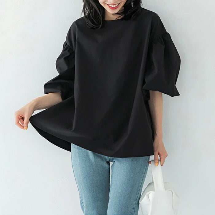 Summer Loose Large Women Shirt Cotton Oversized Lantern Sleeve Round Neck Top