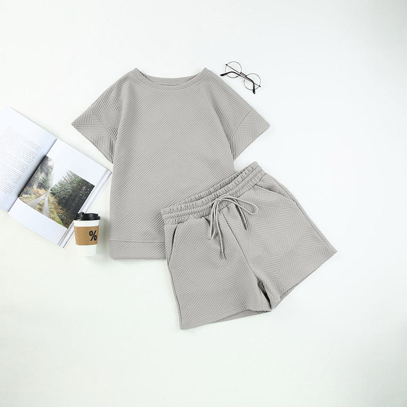 Solid Color round Neck Short Sleeves T shirt Women Spring Summer Texture Fabric Shorts Suit Women