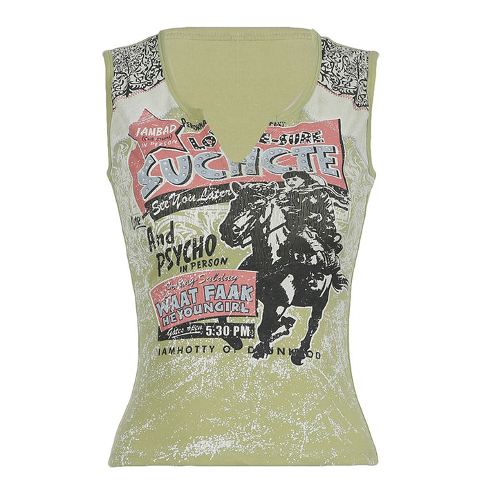 Retro Printed V neck Personality Vest Sexy Street Niche Casual Slim Top