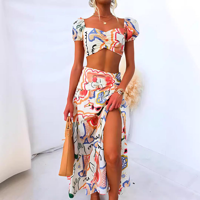 Summer Printed Top Wrapped Chest Skirt Two Piece Suit