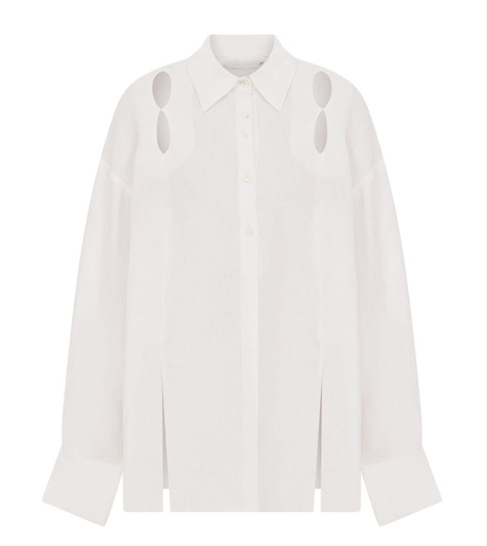 Tencel Linen Solid Color Long Sleeved Top Niche Hollow Out Cutout Split Shirt Women Loose Shoulder Shirt