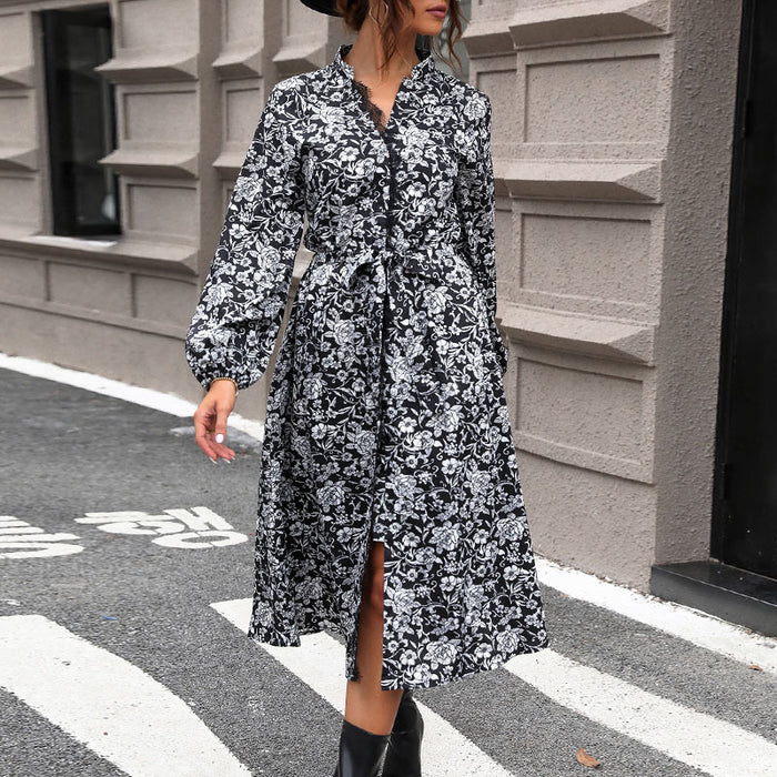 Stand Collar Lace Patchwork Dress Women Printed Shirt Long Sleeve Dress