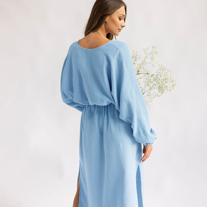 Autumn Winter Blue Affordable Luxury Outer Wear Long Sleeve Nightdress Exclusive Home Wear Women
