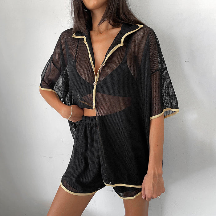 Summer Retro Classic Sexy Patchwork See through Short Sleeve Shorts Set Russia Women Wear Office Two Piece Set