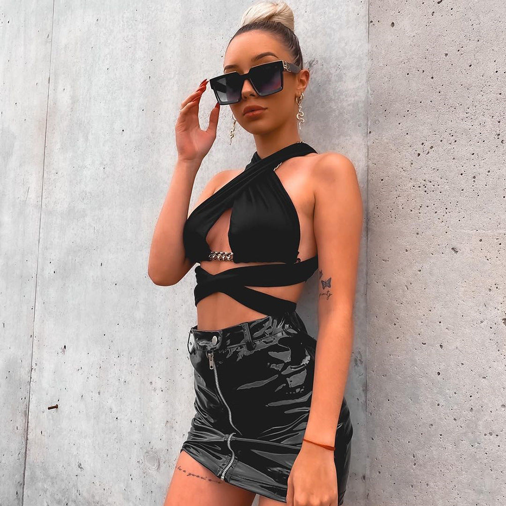 Women Clothing Simple Summer Tube Top Chain Cropped Lace Up Beauty Back Sexy Halter Women Top