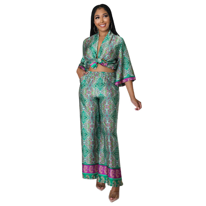 Women Clothing Silk-like Printed Wide-Leg Pants Two-Piece Set Multi-Color Optional