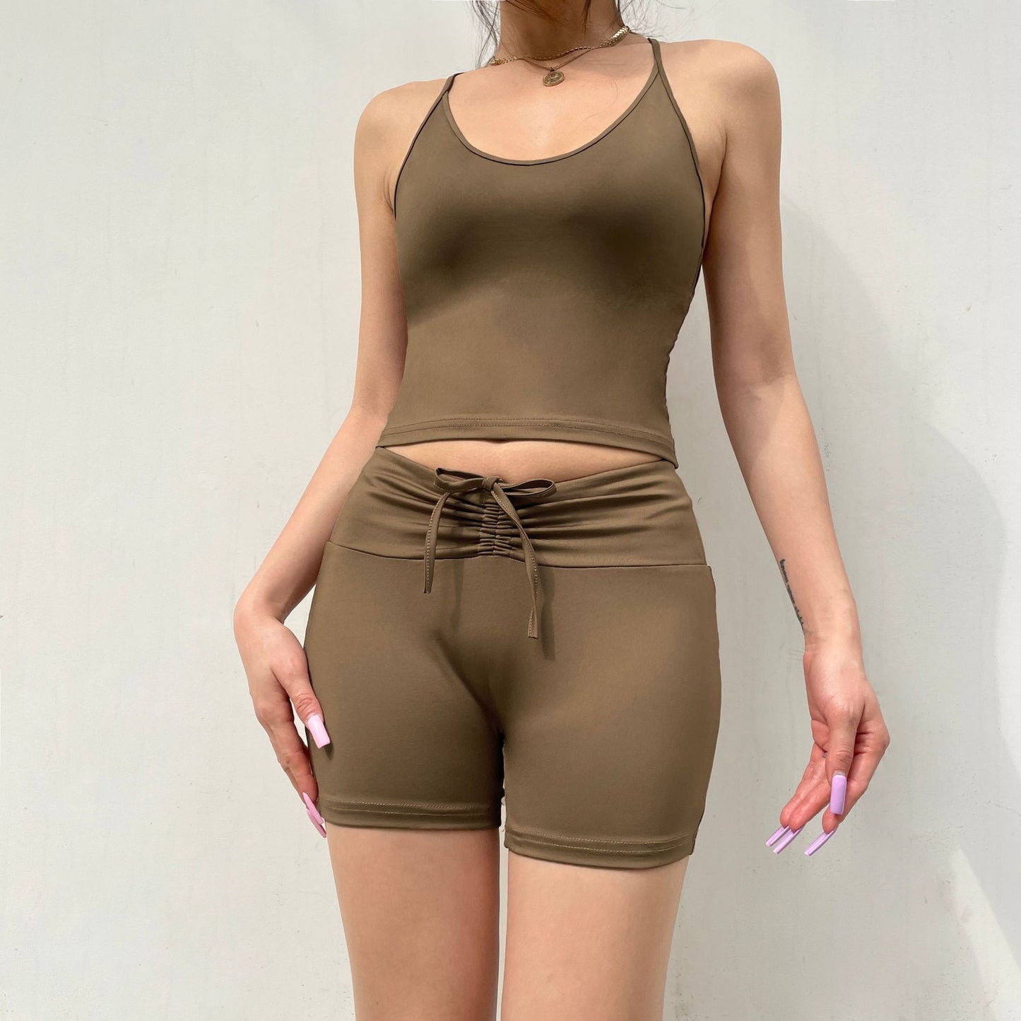Casual Women Solid Color Basic Camisole Drawstring Lace up High Waist Peach Hip Shorts Set