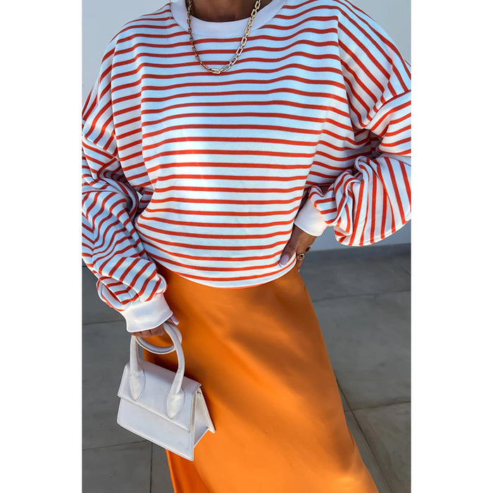 Winter Striped Round Neck Pullover Women Casual Loose Shoulder Long Sleeved Top Women