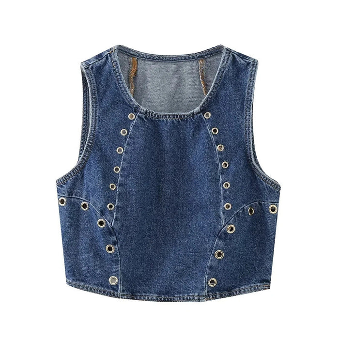 【MOQ-5 packs】 Sexy Ring Decoration Denim Top Autumn Crew Neck Sleeveless Short Vest Niche High Waist Vest for Women