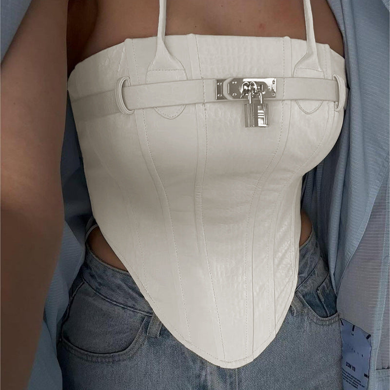 Metal Lock Waist Halter Women Leather Vest Spring Sexy Top