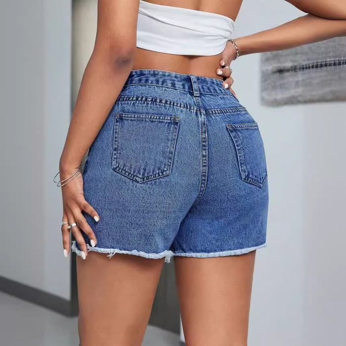 Women Clothing High Waist Loose Slimming Raw Edge Denim Shorts