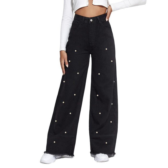 Spring Summer Pearl Pants Black Rough Edges Stitching Tassel Wide Leg Jeans