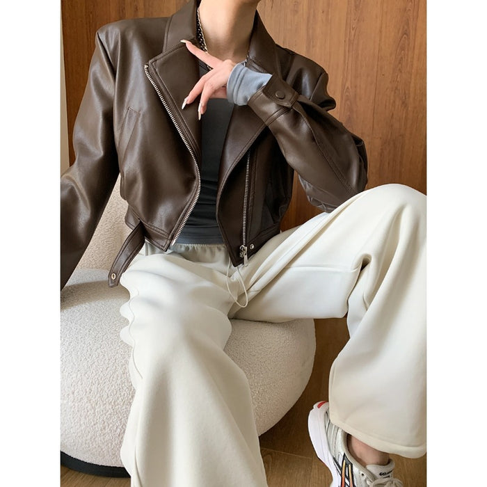 Sweet Cool Locomotive Oblique Placket Jacket Leather Coat Coat Small Short Early Autumn