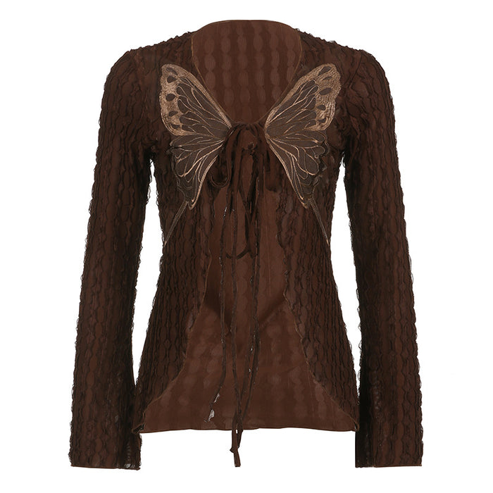 Niche Retro Texture Butterfly Tied Top Sexy Irregular Asymmetric V Neck Long Sleeve Cardigan Autumn