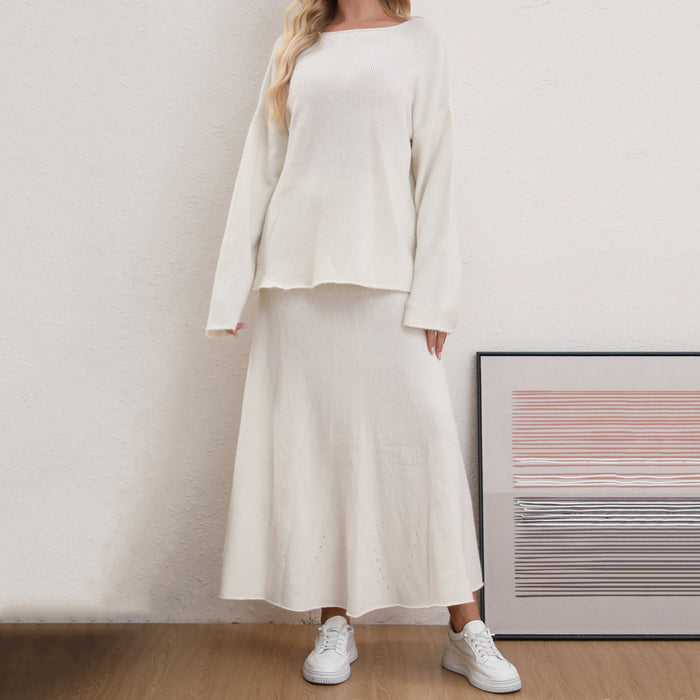 Women Clothing Solid Color Round Neck Loose Basic Sweaters Long Mid Length Skirt Set Casual Two Piece Suit