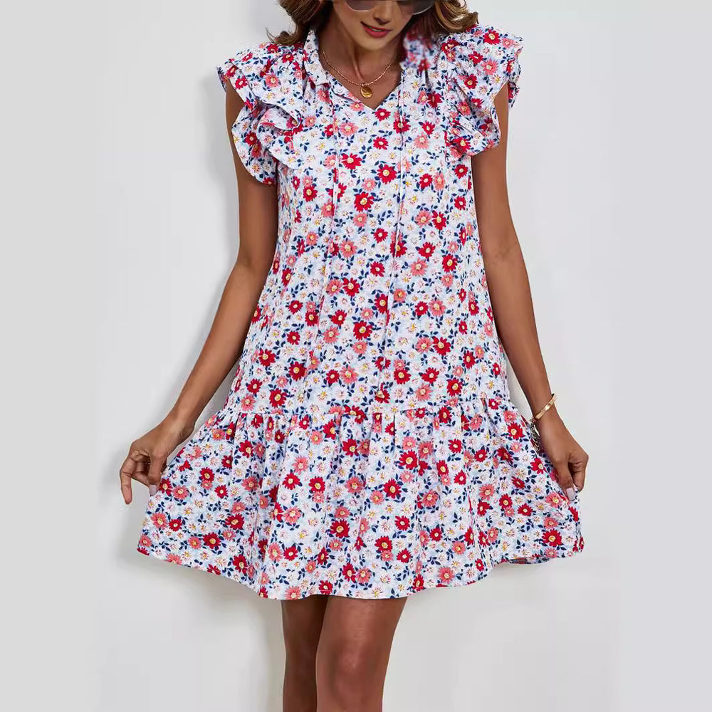 Printed Layered Stitching Dress Pocket Ruffled Sleeveless V neck Knee Length Dress