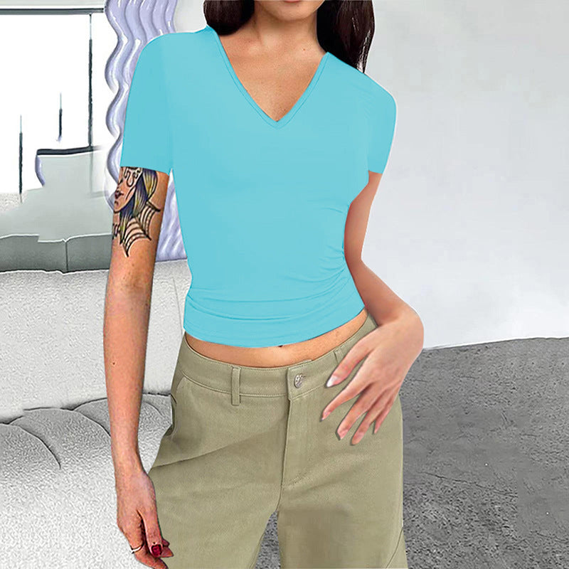 Women Clothing Solid Color V neck Slim Short Sleeved Tops Cropped T shirt