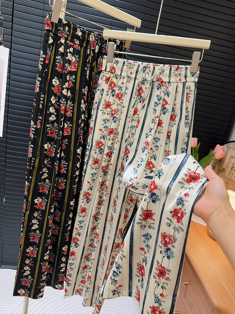 Floral Striped Wide Leg Pants Women Summer Thin Elastic Waist Slimming Draping Cool Pants Casual Baggy Straight Trousers
