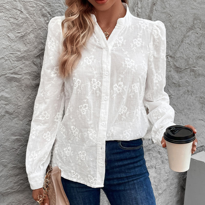 Women Clothing Cardigan Shirt Long Sleeve Hollow Out Cutout out Lace Tops Jacquard Shirt
