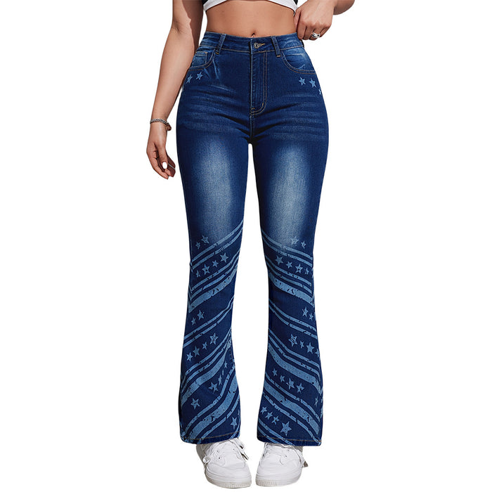 Weila Jeans Spring Summer Women Denim Mid High Stretch Printed Casual Trousers Bell Bottom Pants