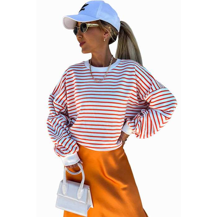 Winter Striped Round Neck Pullover Women Casual Loose Shoulder Long Sleeved Top Women