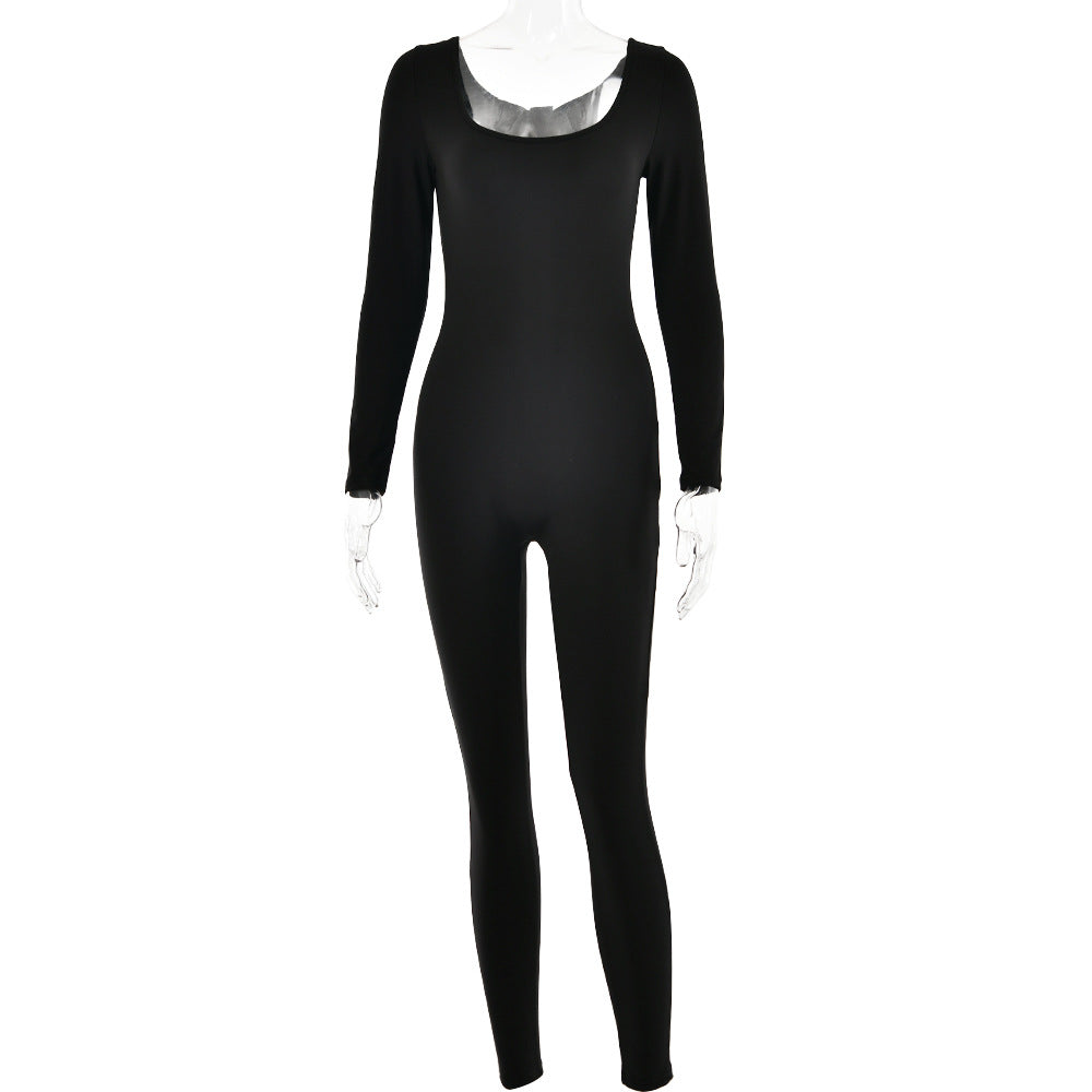 Sexy Soft High Elastic Long Sleeve Tights U Collar Stitching Trousers Jumpsuit