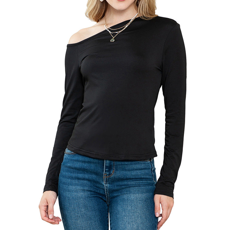 Autumn Solid Color Slim Bottoming Shirt Women Simple Asymmetric Slimming Long Sleeve Top Women