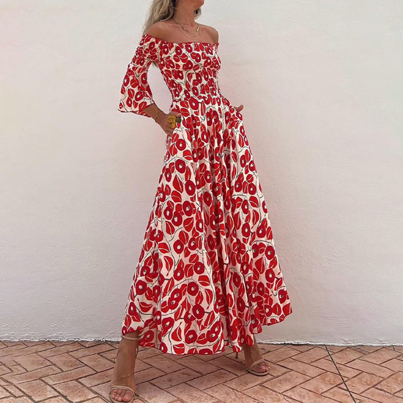 Summer Women Clothing Elegant Floral Print Tube Top High Waist Pocket Maxi Dress