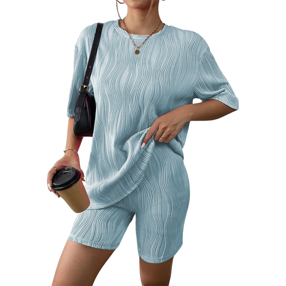 Women Clothing Round Neck Half Sleeve Shorts Loose Wave Pattern Casual Two Piece Suit
