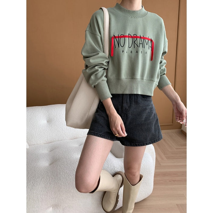 Loose Ribbon Letter Graphic Crew Neck Drop Shoulder Hoodie Short Early Autumn