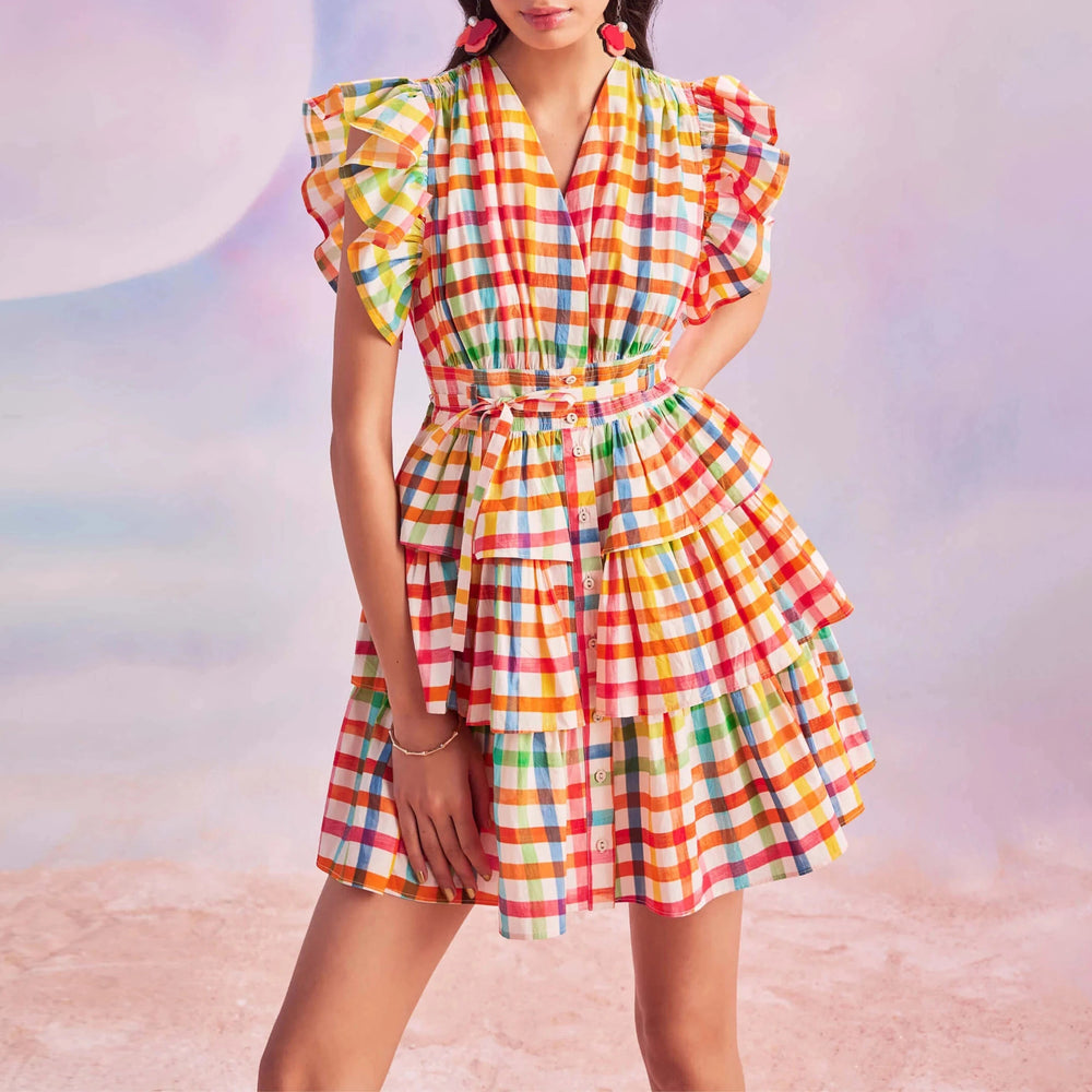 French Pastoral Retro Summer Flying Sleeves Plaid Printing Color Contrast Short High Waist Dress for Women